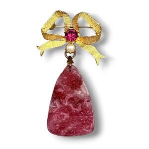 Vtg Florenza Brooch Dangle Pink Molded Glass Faux Pearl Gold Tone RARE
